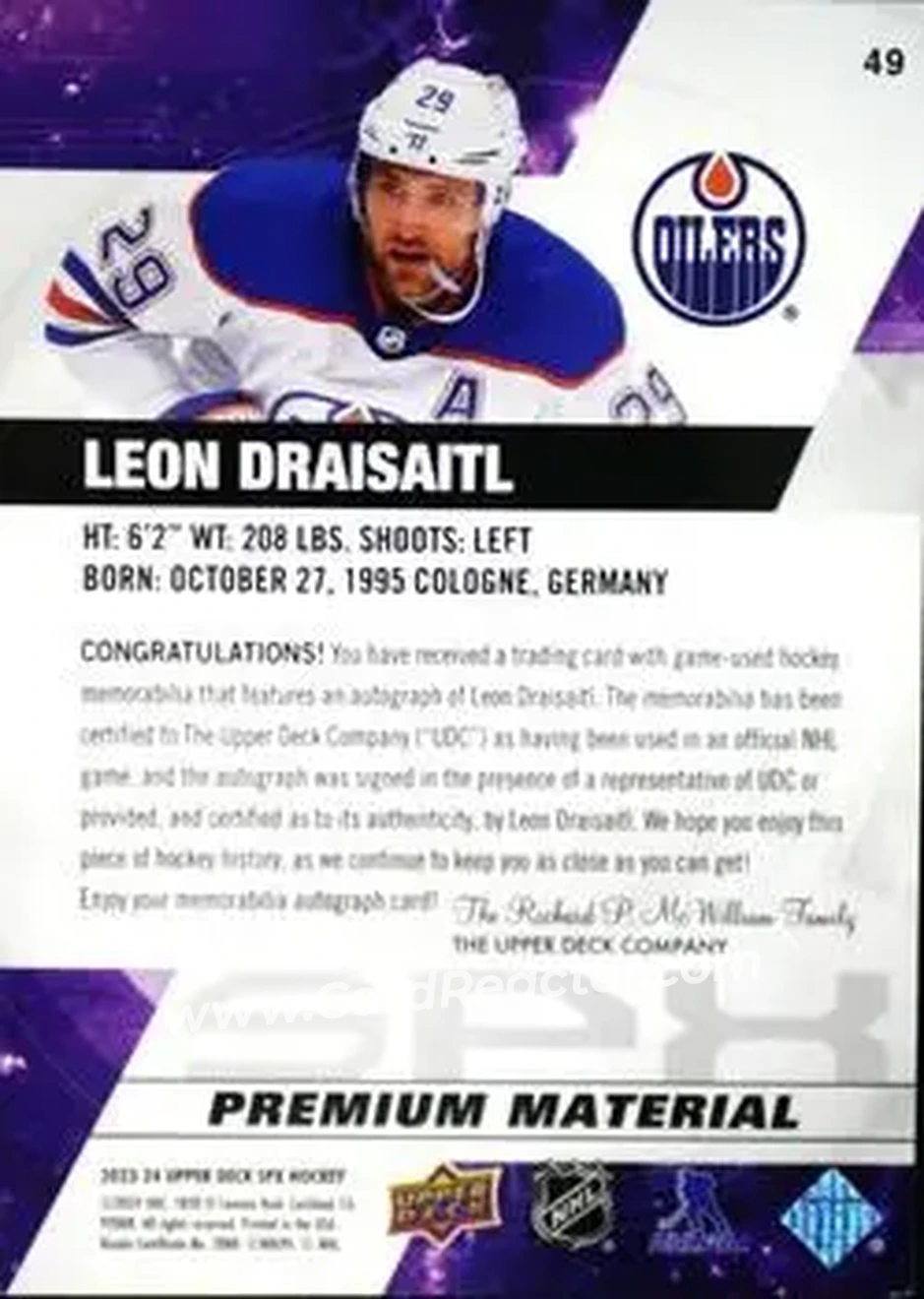 2023-24 SPx - Autographs Premium #49 - Leon Draisaitl - Edmonton Oilers - Back 2023-24 SPx - Autographs Premium #49 - Leon Draisaitl - Edmonton Oilers - Back