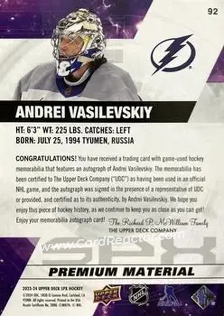 2023-24 SPx - Autographs Premium #92 - Andrei Vasilevskiy - Tampa Bay Lightning - Back