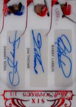 2018-19 Leaf Pearl - Pearl Signatures 6 Red #PS6-04 - Barry Larkin - Jim Thome - Sammy Sosa - Frank Thomas - Jose Canseco - Ken Griffey Jr. AU, SN3