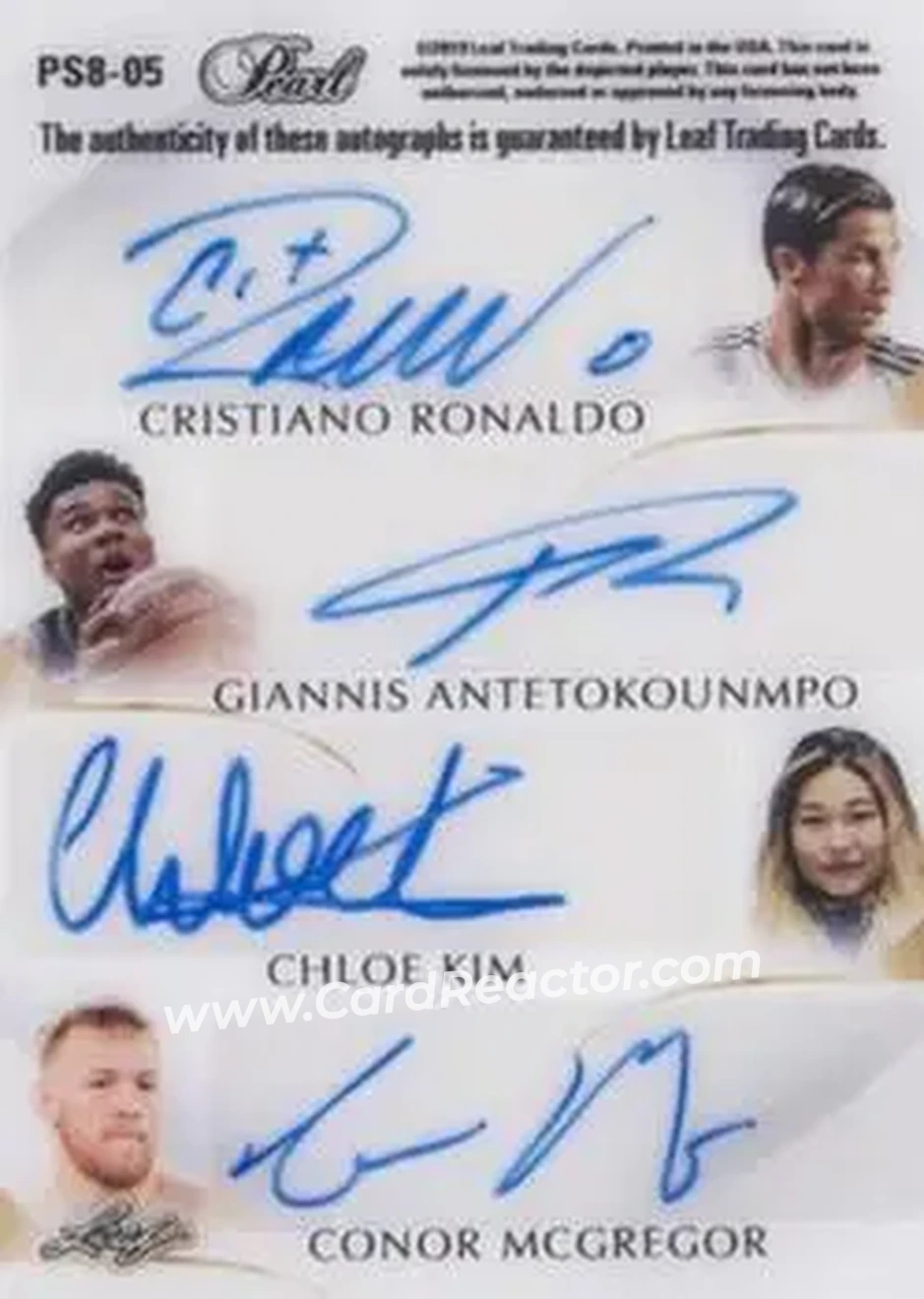 2018-19 Leaf Pearl - Pearl Signatures 8 Platinum #PS8-05 - Lionel Messi - Stephen Curry - Errol Spence Jr. - Floyd Mayweather Jr. - Cristiano Ronaldo - Giannis Antetokounmpo - Chloe Kim - Conor McGregor AU, SN1 - Back