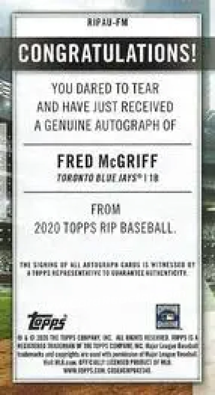 2020 Topps Rip - Mini Autographs Gold #RIPAU-FM - Fred McGriff - Toronto Blue Jays - Back