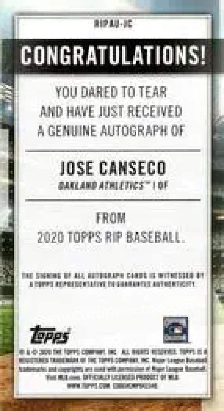 2020 Topps Rip - Mini Autographs Gold #RIPAU-JC - Jose Canseco - Oakland Athletics - Back 2020 Topps Rip - Mini Autographs Gold #RIPAU-JC - Jose Canseco - Oakland Athletics - Back