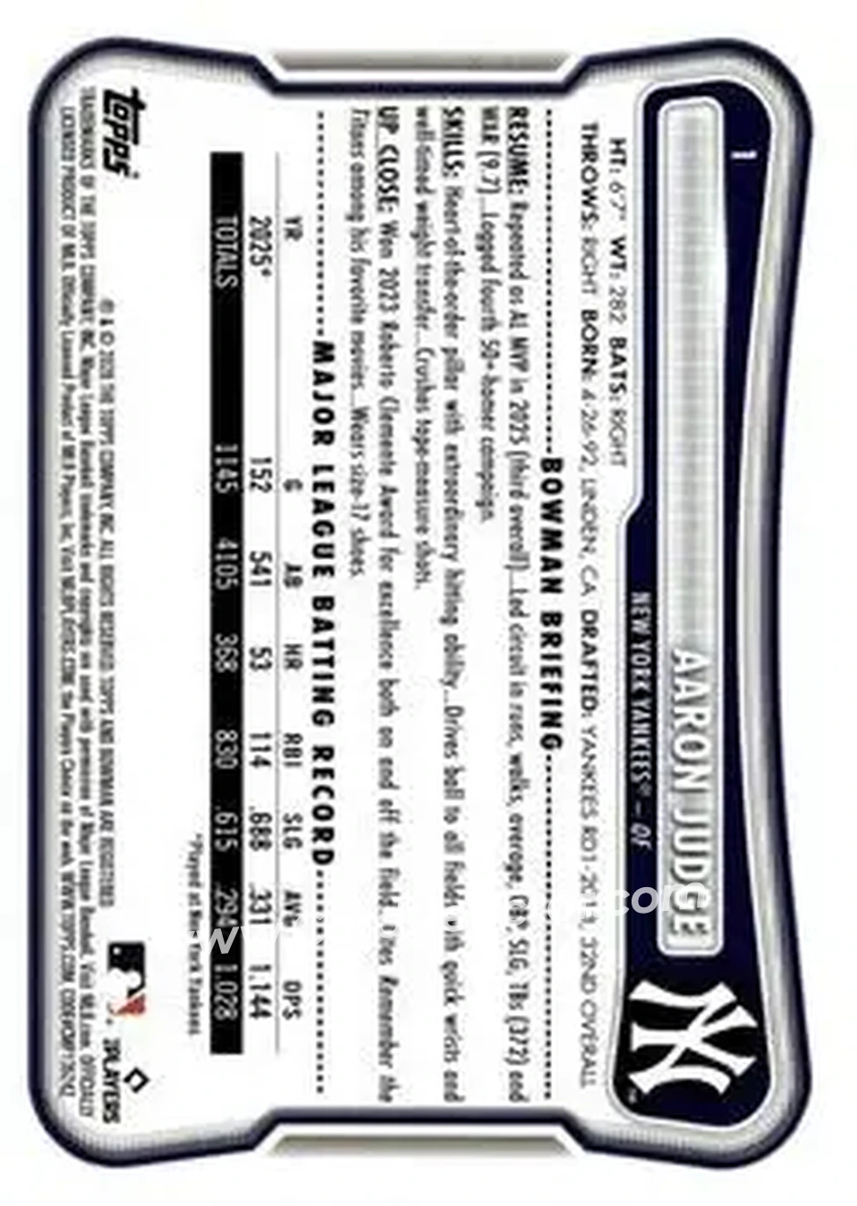 2026 Bowman - Sky Blue #1 - Aaron Judge - New York Yankees - Back
