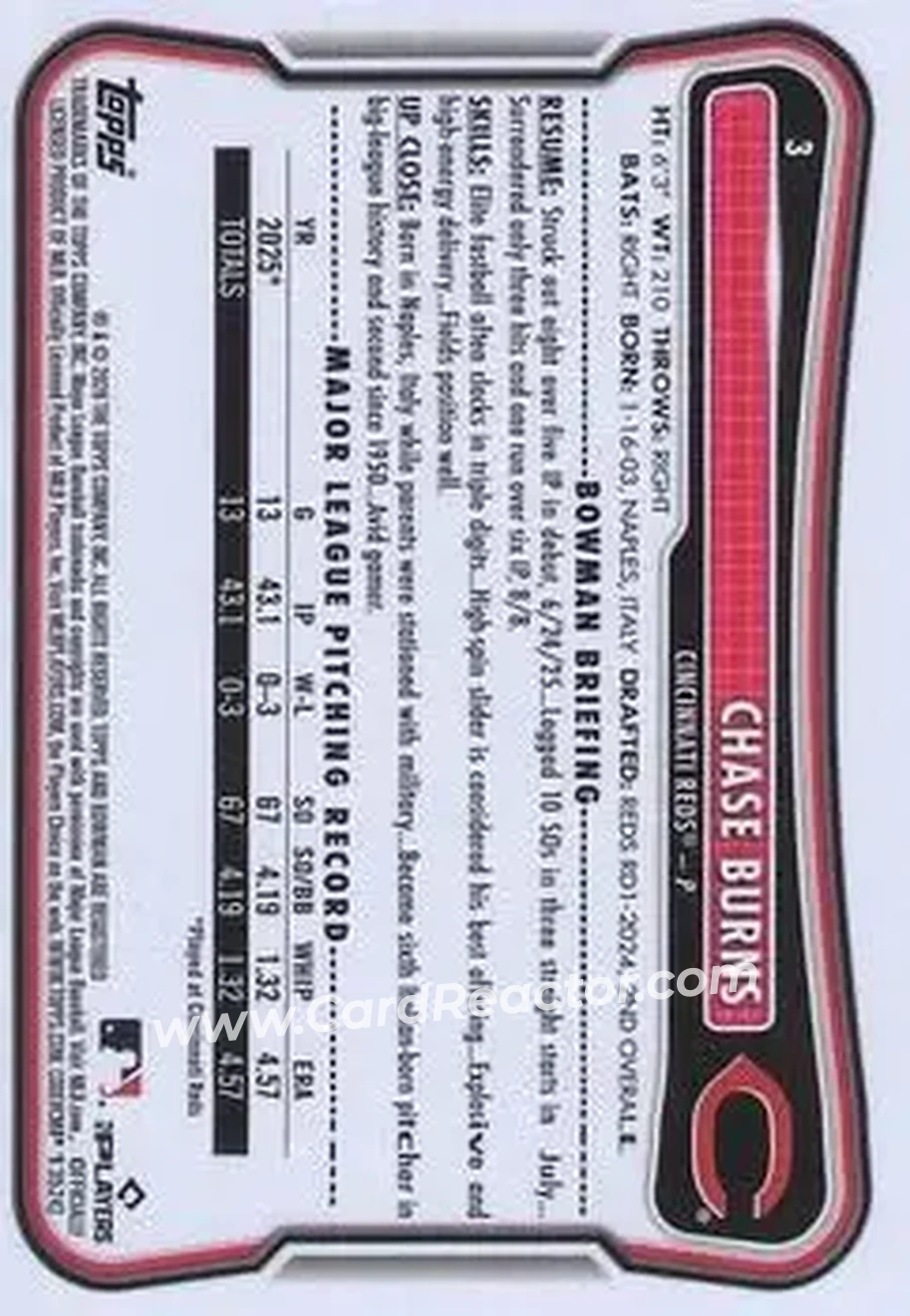 2026 Bowman - Sky Blue #3 - Chase Burns - Cincinnati Reds - Back