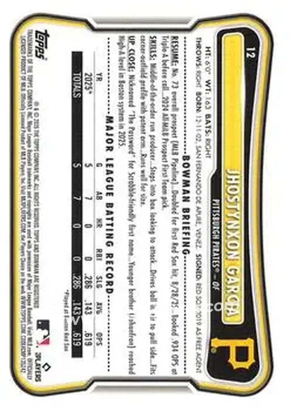 2026 Bowman - Sky Blue #12 - Jhostynxon Garcia - Pittsburgh Pirates - Back