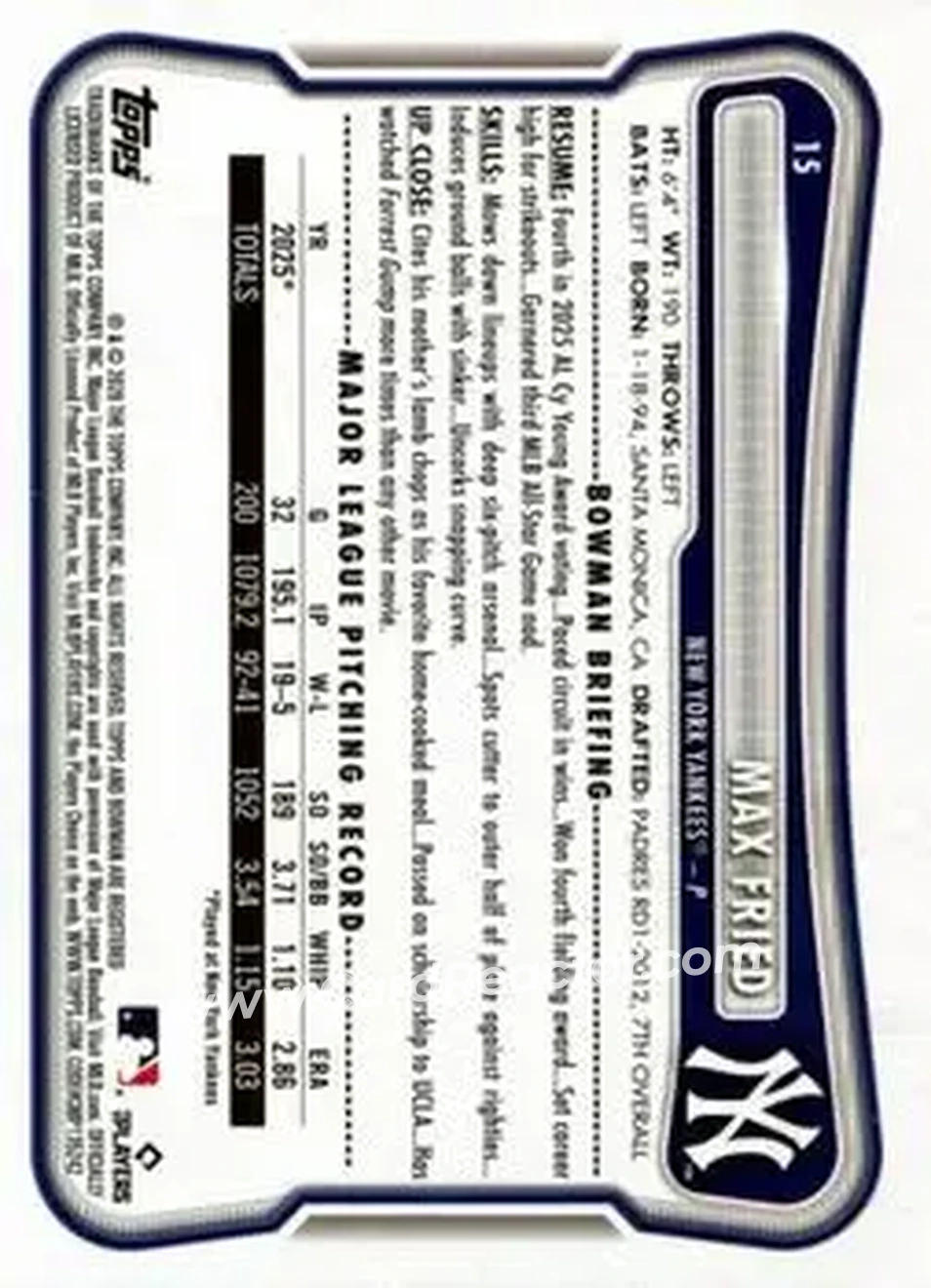 2026 Bowman - Sky Blue #15 - Max Fried - New York Yankees - Back