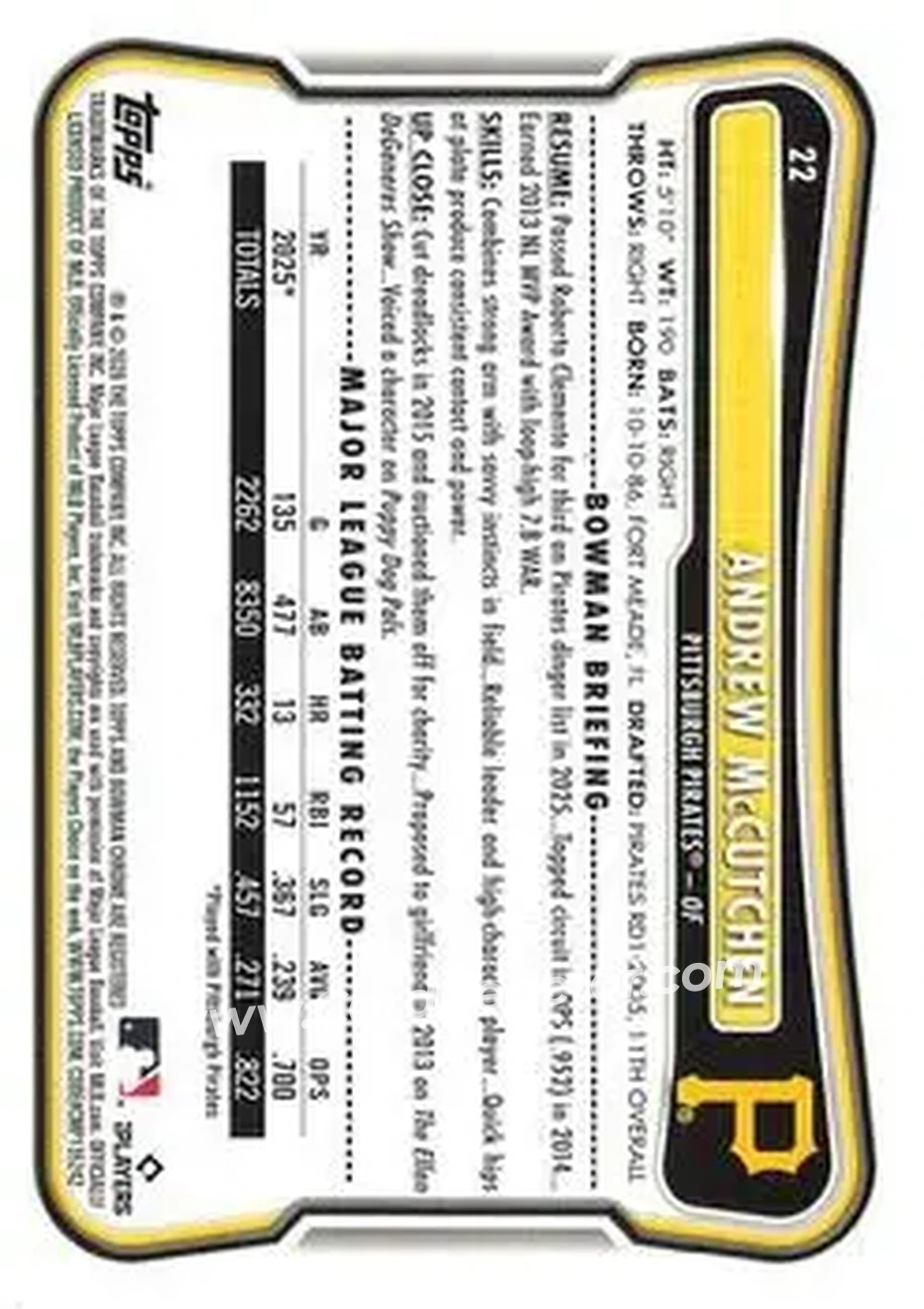 2026 Bowman - Sky Blue #22 - Andrew McCutchen - Pittsburgh Pirates - Back