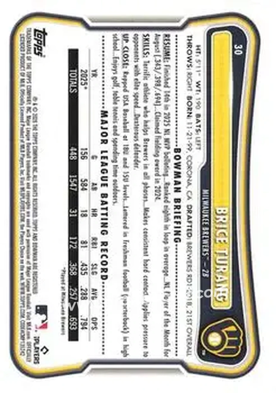 2026 Bowman - Sky Blue #30 - Brice Turang - Milwaukee Brewers - Back 2026 Bowman - Sky Blue #30 - Brice Turang - Milwaukee Brewers - Back