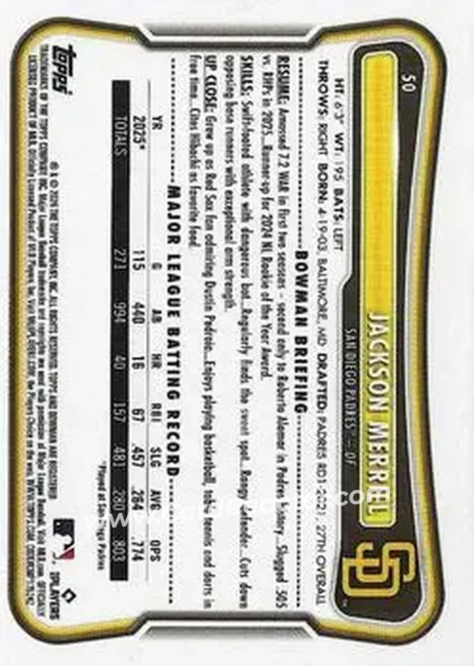 2026 Bowman - Sky Blue #50 - Jackson Merrill - San Diego Padres - Back