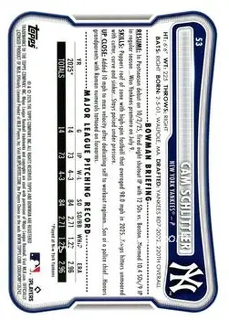 2026 Bowman - Sky Blue #53 - Cam Schlittler - New York Yankees - Back