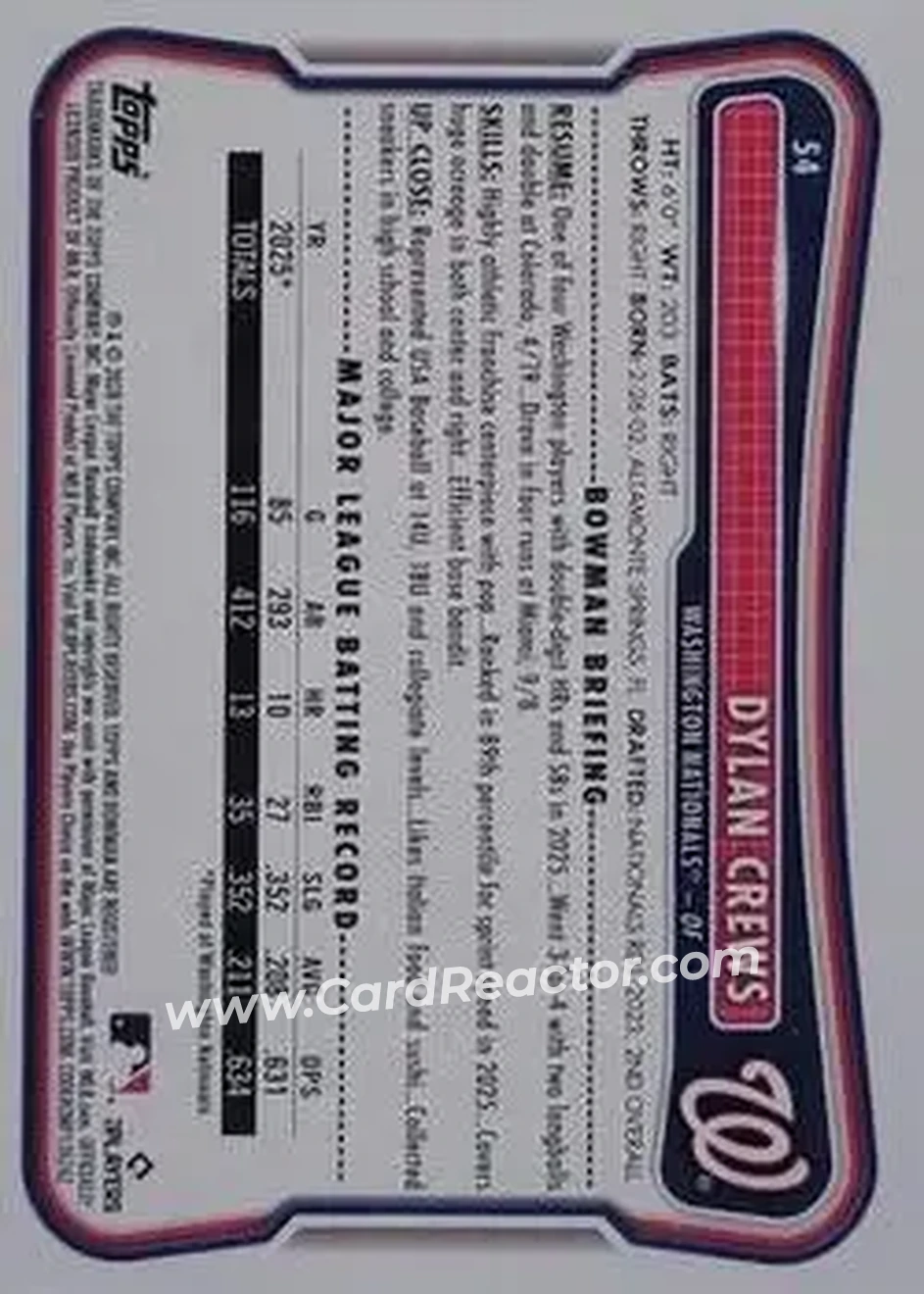 2026 Bowman - Sky Blue #54 - Dylan Crews - Washington Nationals - Back