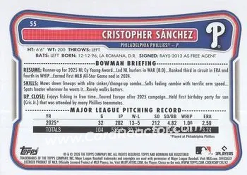 2026 Bowman - Sky Blue #55 - Cristopher Sánchez - Philadelphia Phillies - Back 2026 Bowman - Sky Blue #55 - Cristopher Sánchez - Philadelphia Phillies - Back