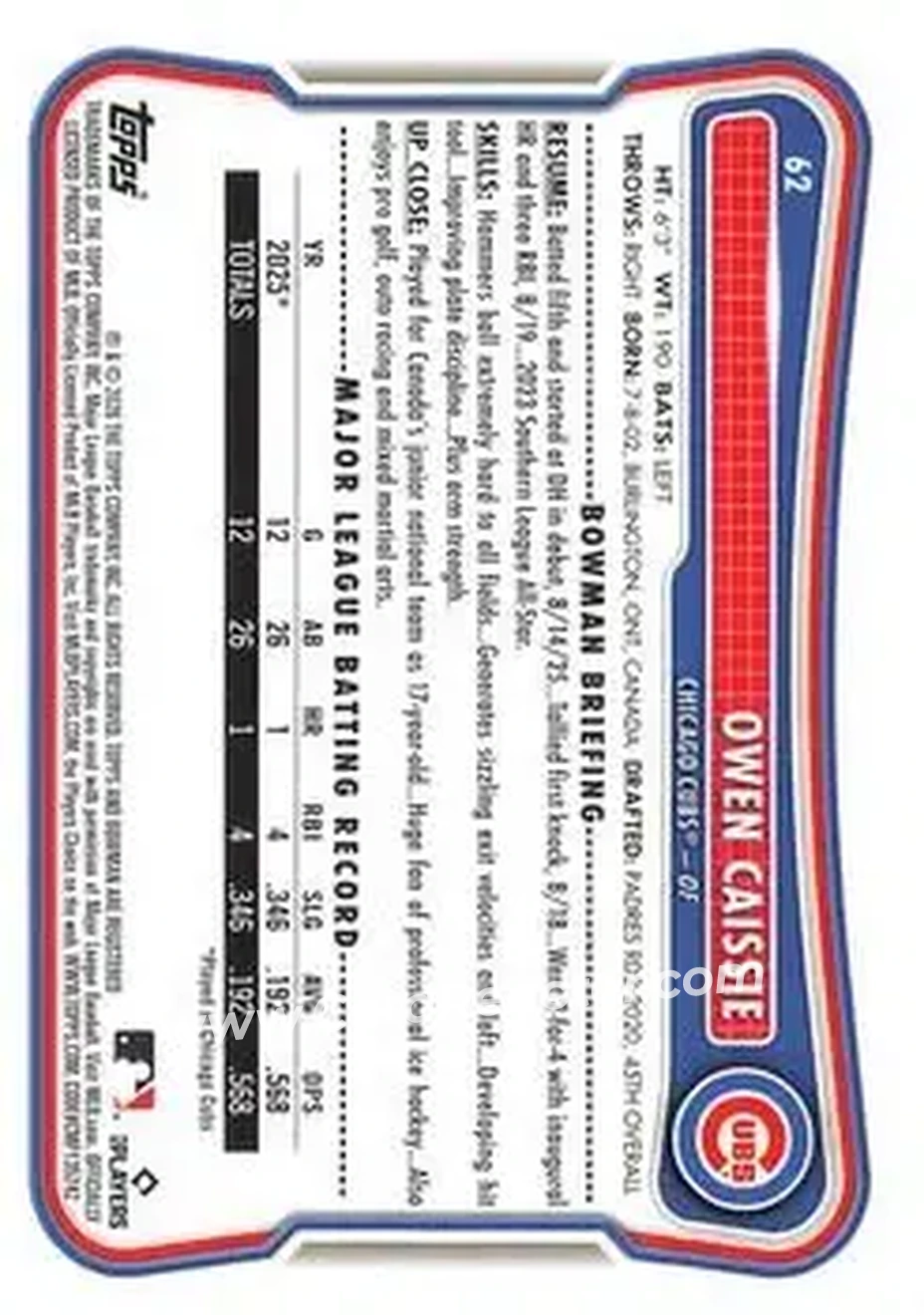 2026 Bowman - Sky Blue #62 - Owen Caissie - Chicago Cubs - Back