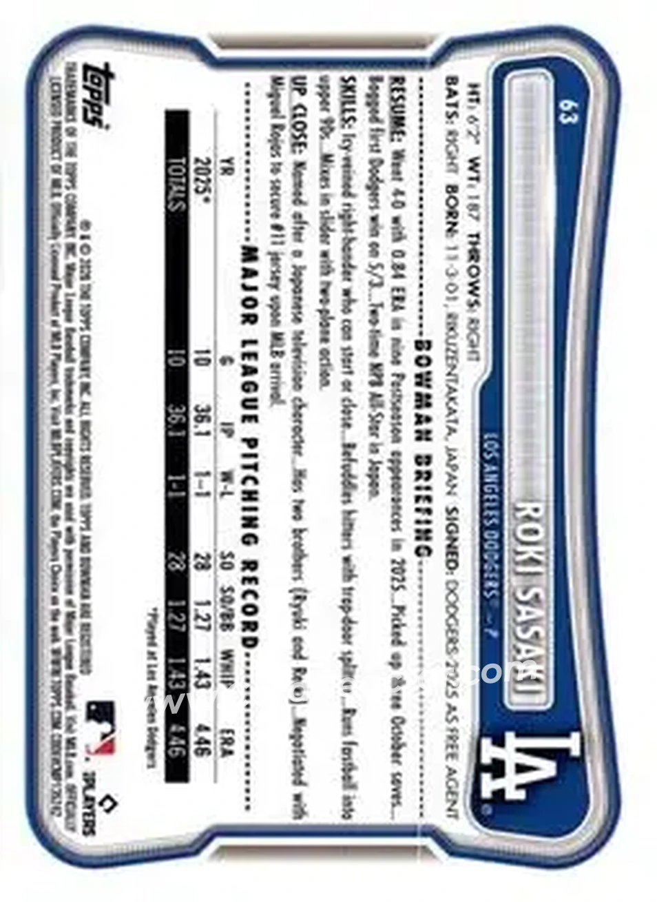 2026 Bowman - Sky Blue #63 - Roki Sasaki - Los Angeles Dodgers - Back