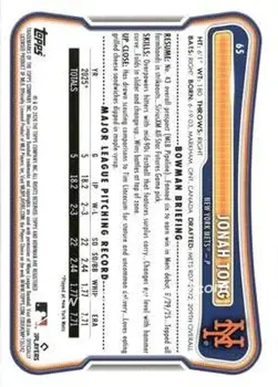 2026 Bowman - Sky Blue #65 - Jonah Tong - New York Mets - Back