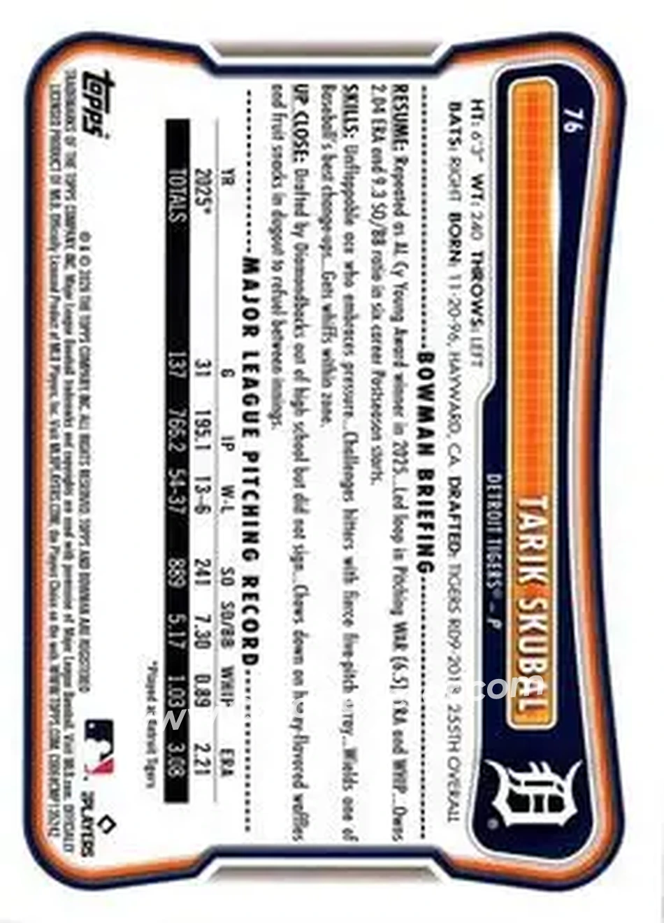 2026 Bowman - Sky Blue #76 - Tarik Skubal - Detroit Tigers - Back