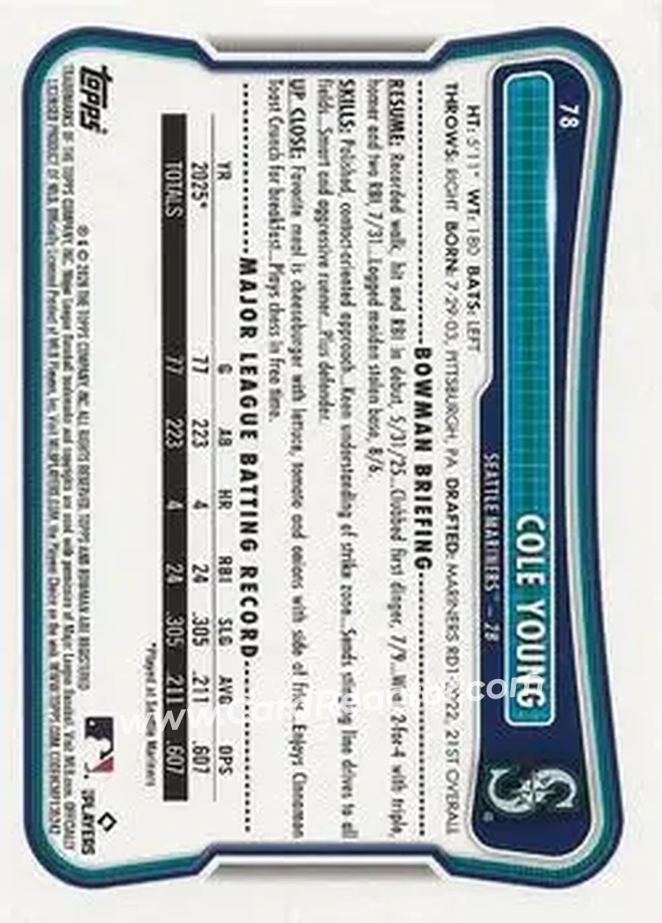 2026 Bowman - Sky Blue #78 - Cole Young - Seattle Mariners - Back 2026 Bowman - Sky Blue #78 - Cole Young - Seattle Mariners - Back