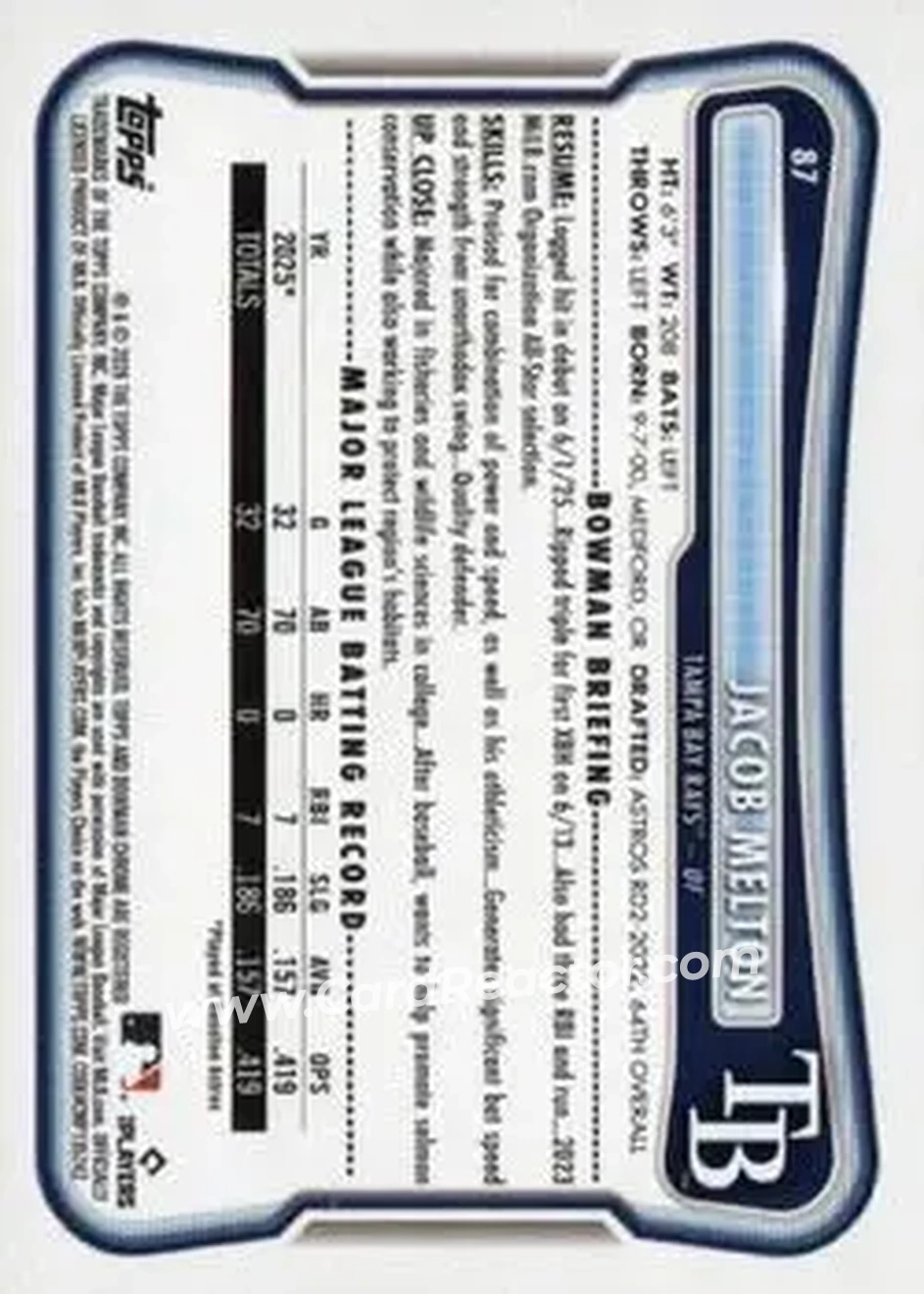 2026 Bowman - Sky Blue #87 - Jacob Melton - Tampa Bay Rays - Back 2026 Bowman - Sky Blue #87 - Jacob Melton - Tampa Bay Rays - Back