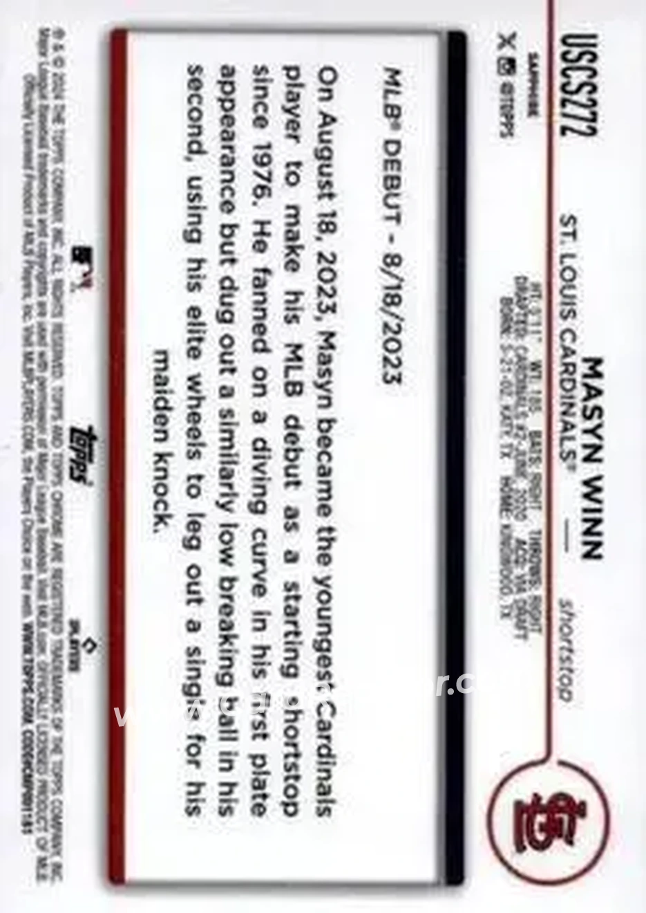 2024 Topps Chrome Update Sapphire Edition - Gold Sapphire #USCS272 - Masyn Winn - St. Louis Cardinals - Back