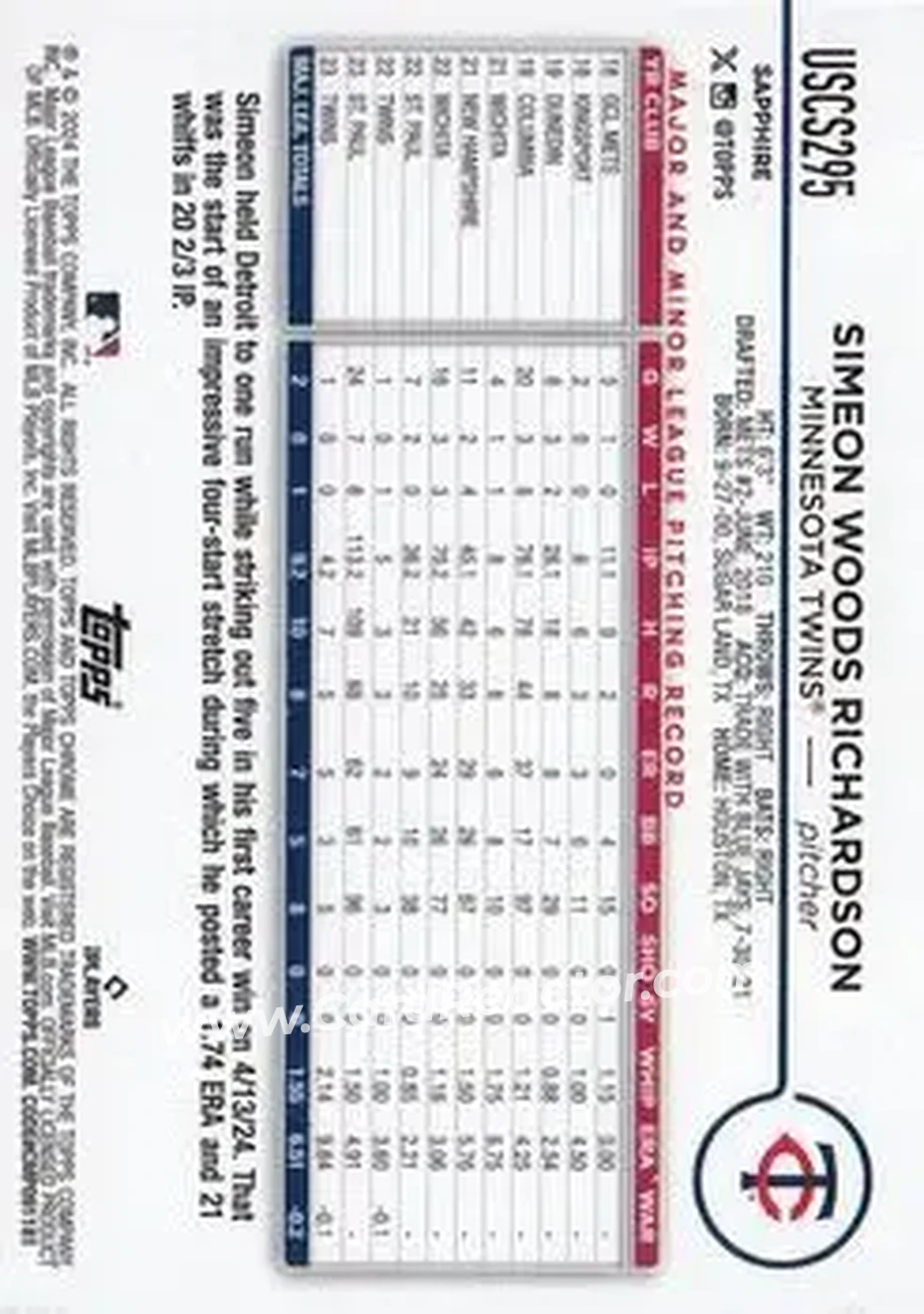 2024 Topps Chrome Update Sapphire Edition - Gold Sapphire #USCS295 - Simeon Woods Richardson - Minnesota Twins - Back