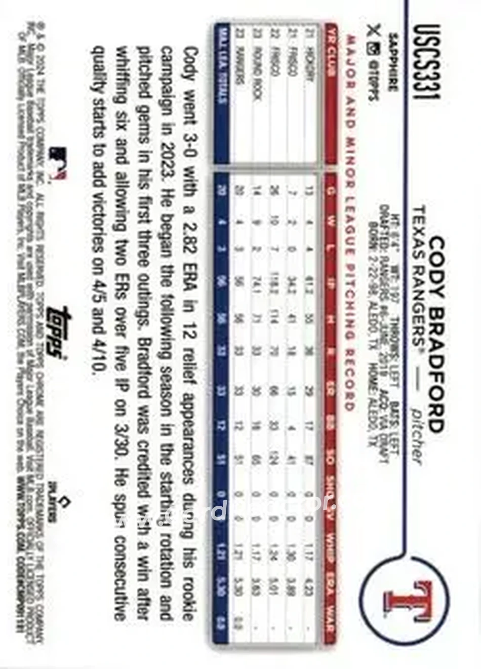 2024 Topps Chrome Update Sapphire Edition - Gold Sapphire #USCS331 - Cody Bradford - Texas Rangers - Back