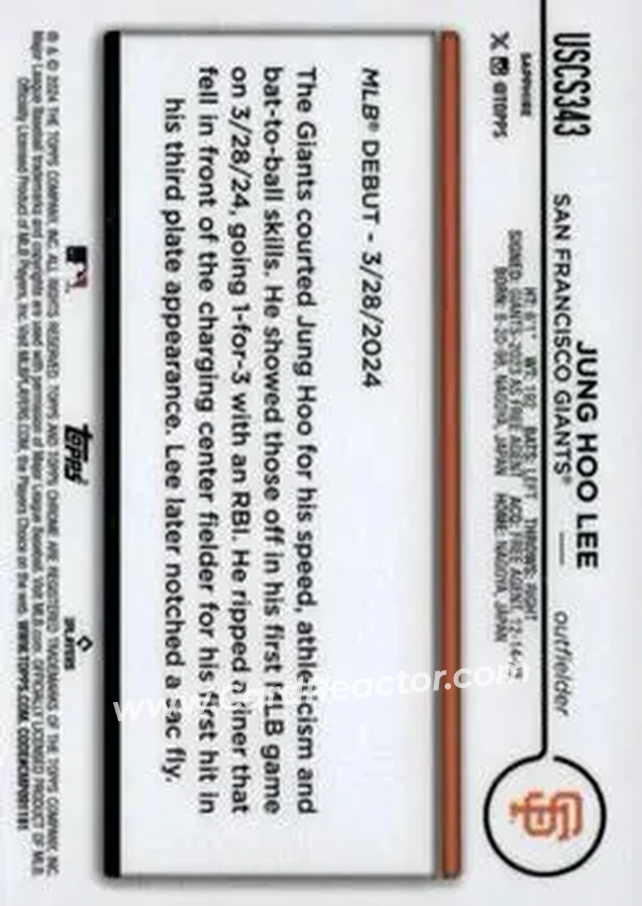 2024 Topps Chrome Update Sapphire Edition - Gold Sapphire #USCS343 - Jung Hoo Lee - San Francisco Giants - Back
