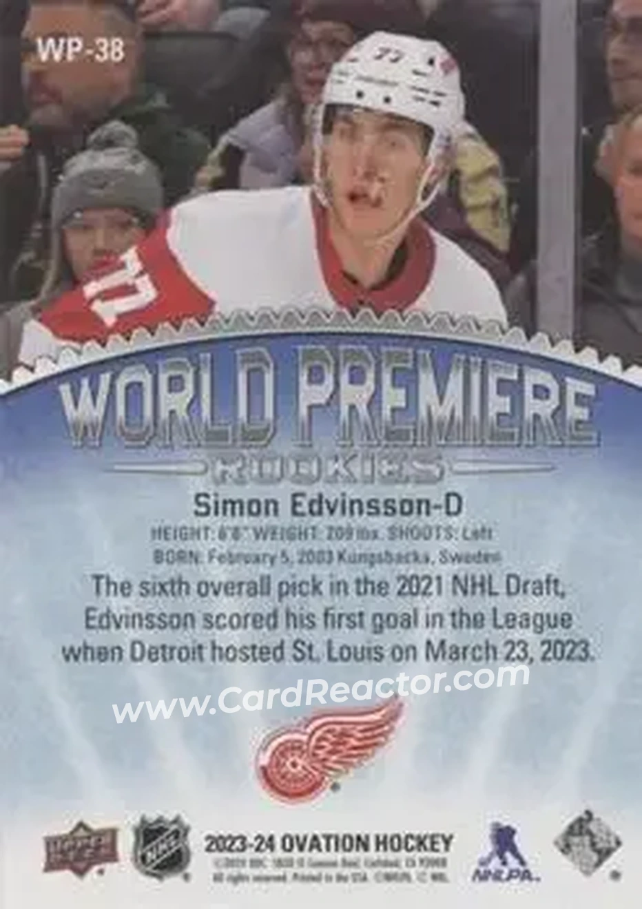2023-24 Upper Deck Ovation - World Premiere Purple #WP-38 - Simon Edvinsson - Detroit Red Wings - Back