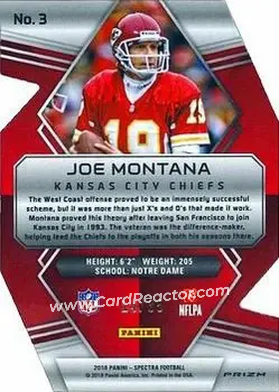 2018 Panini Spectra - Neon Blue Die Cut #3a - Joe Montana - Kansas City Chiefs - Back