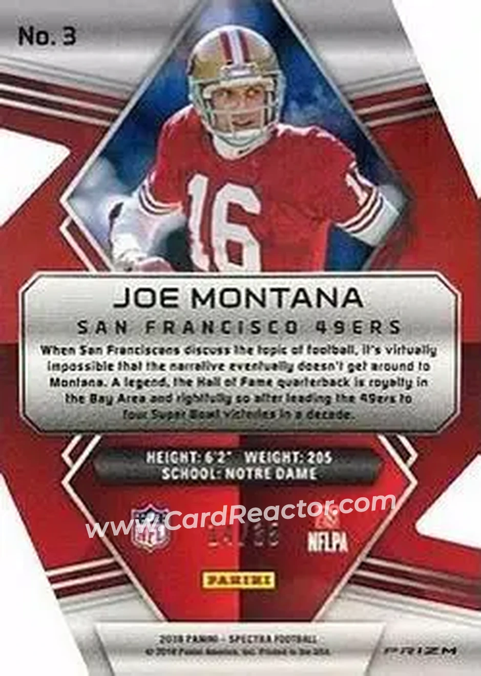 2018 Panini Spectra - Neon Blue Die Cut #3b - Joe Montana - San Francisco 49ers - Back 2018 Panini Spectra - Neon Blue Die Cut #3b - Joe Montana - San Francisco 49ers - Back