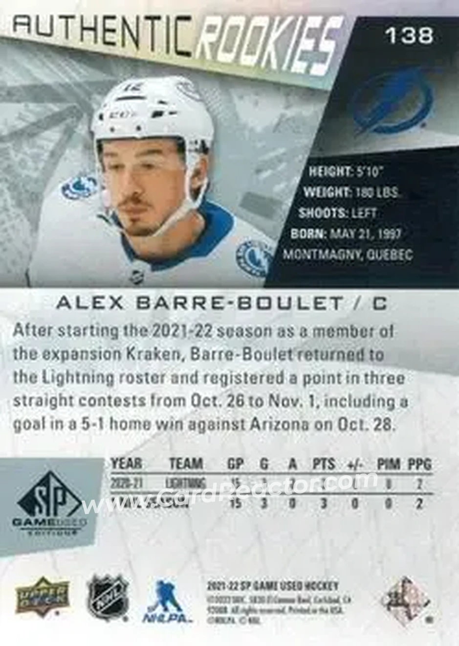 2021-22 SP Game Used #138 - Alex Barre-Boulet - Tampa Bay Lightning - Back 2021-22 SP Game Used #138 - Alex Barre-Boulet - Tampa Bay Lightning - Back