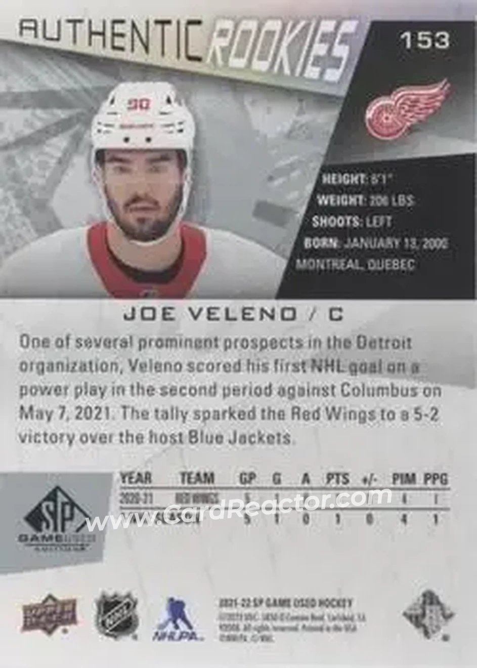 2021-22 SP Game Used #153 - Joe Veleno - Detroit Red Wings - Back 2021-22 SP Game Used #153 - Joe Veleno - Detroit Red Wings - Back