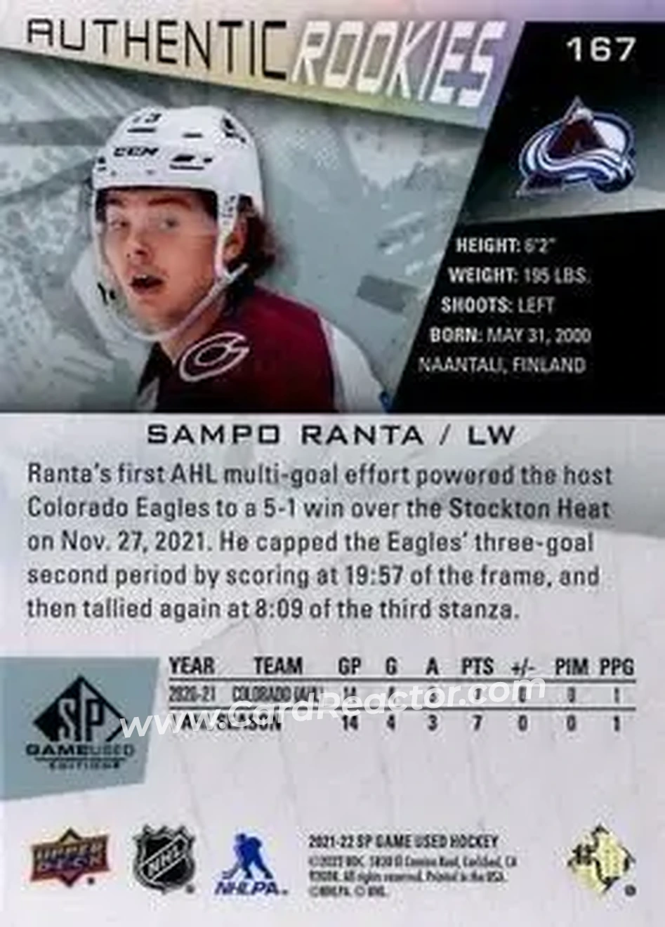 2021-22 SP Game Used #167 - Sampo Ranta - Colorado Avalanche - Back 2021-22 SP Game Used #167 - Sampo Ranta - Colorado Avalanche - Back