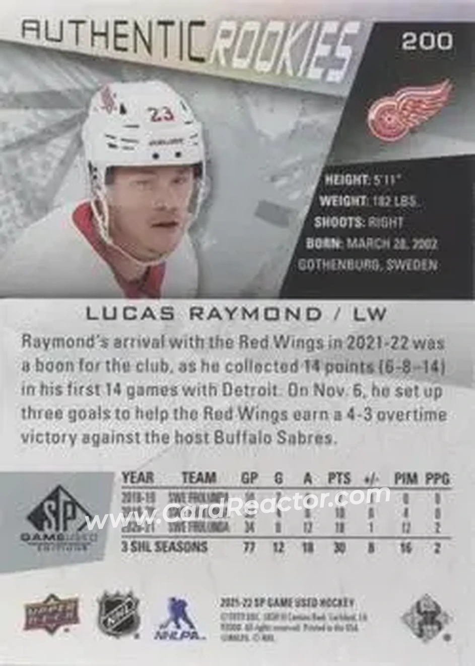2021-22 SP Game Used #200 - Lucas Raymond - Detroit Red Wings - Back 2021-22 SP Game Used #200 - Lucas Raymond - Detroit Red Wings - Back
