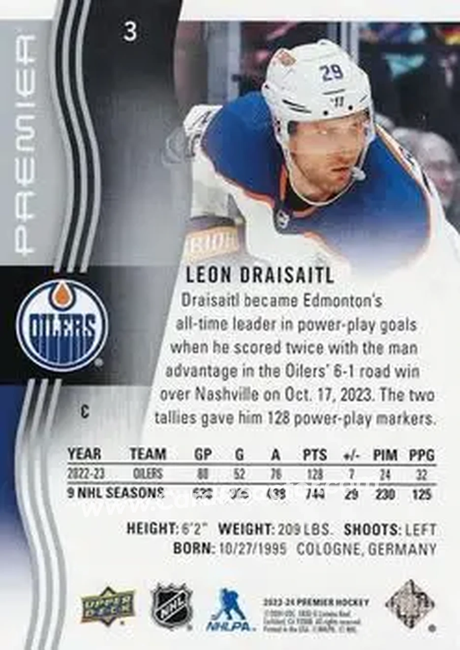 2023-24 Upper Deck Premier #3 - Leon Draisaitl - Edmonton Oilers - Back 2023-24 Upper Deck Premier #3 - Leon Draisaitl - Edmonton Oilers - Back