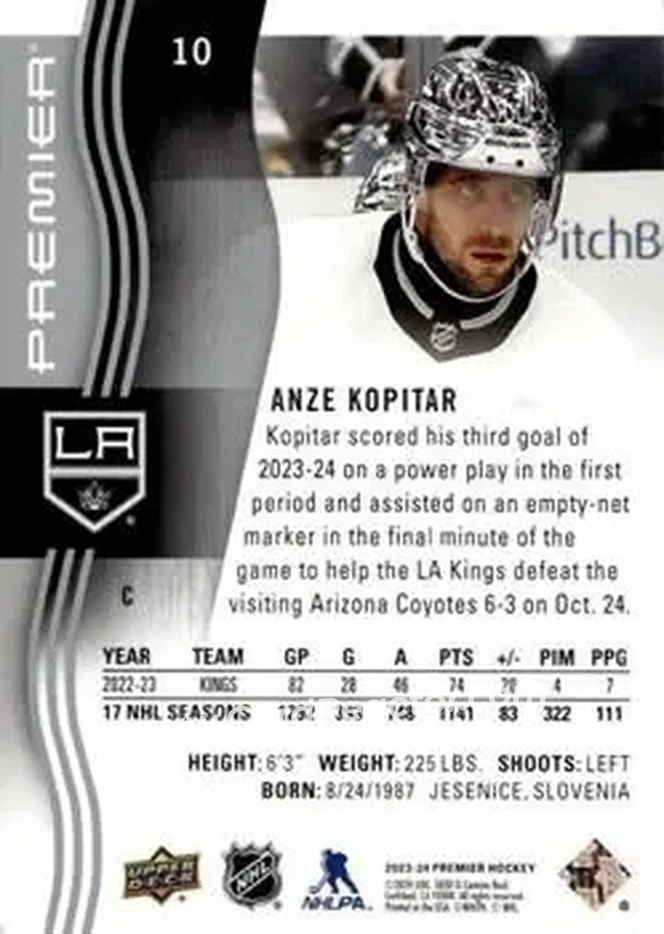 2023-24 Upper Deck Premier #10 - Anze Kopitar - Los Angeles Kings - Back 2023-24 Upper Deck Premier #10 - Anze Kopitar - Los Angeles Kings - Back