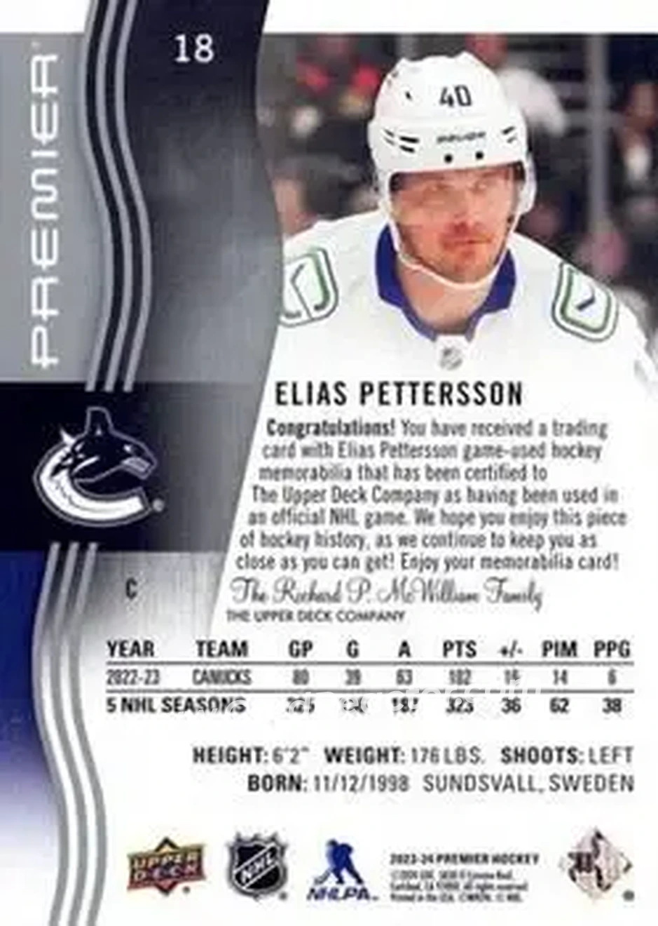 2023-24 Upper Deck Premier #18 - Elias Pettersson - Vancouver Canucks - Back