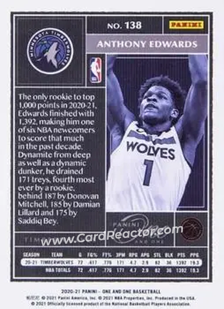 2020-21 Panini One and One - Green #138 - Anthony Edwards - Minnesota Timberwolves - Back