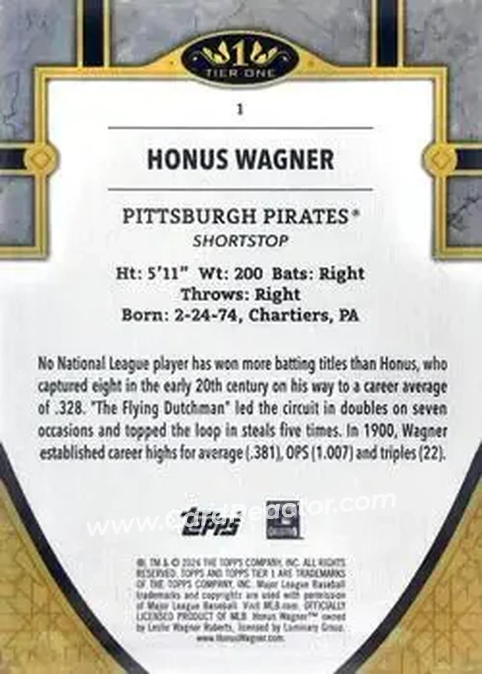 2024 Topps Tier One - Gold Foil #1 - Honus Wagner - Pittsburgh Pirates - Back