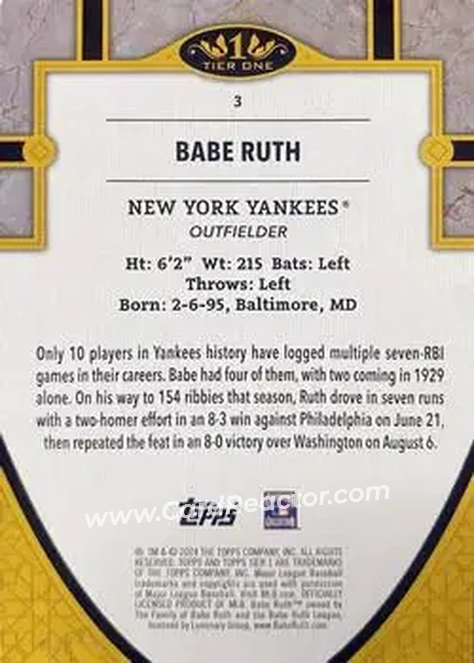 2024 Topps Tier One - Gold Foil #3 - Babe Ruth - New York Yankees - Back 2024 Topps Tier One - Gold Foil #3 - Babe Ruth - New York Yankees - Back