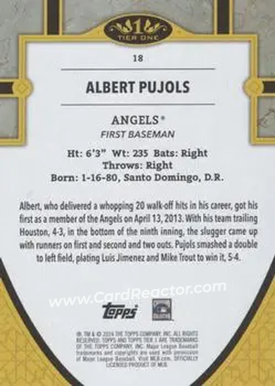 2024 Topps Tier One - Gold Foil #18 - Albert Pujols - Los Angeles Angels - Back 2024 Topps Tier One - Gold Foil #18 - Albert Pujols - Los Angeles Angels - Back