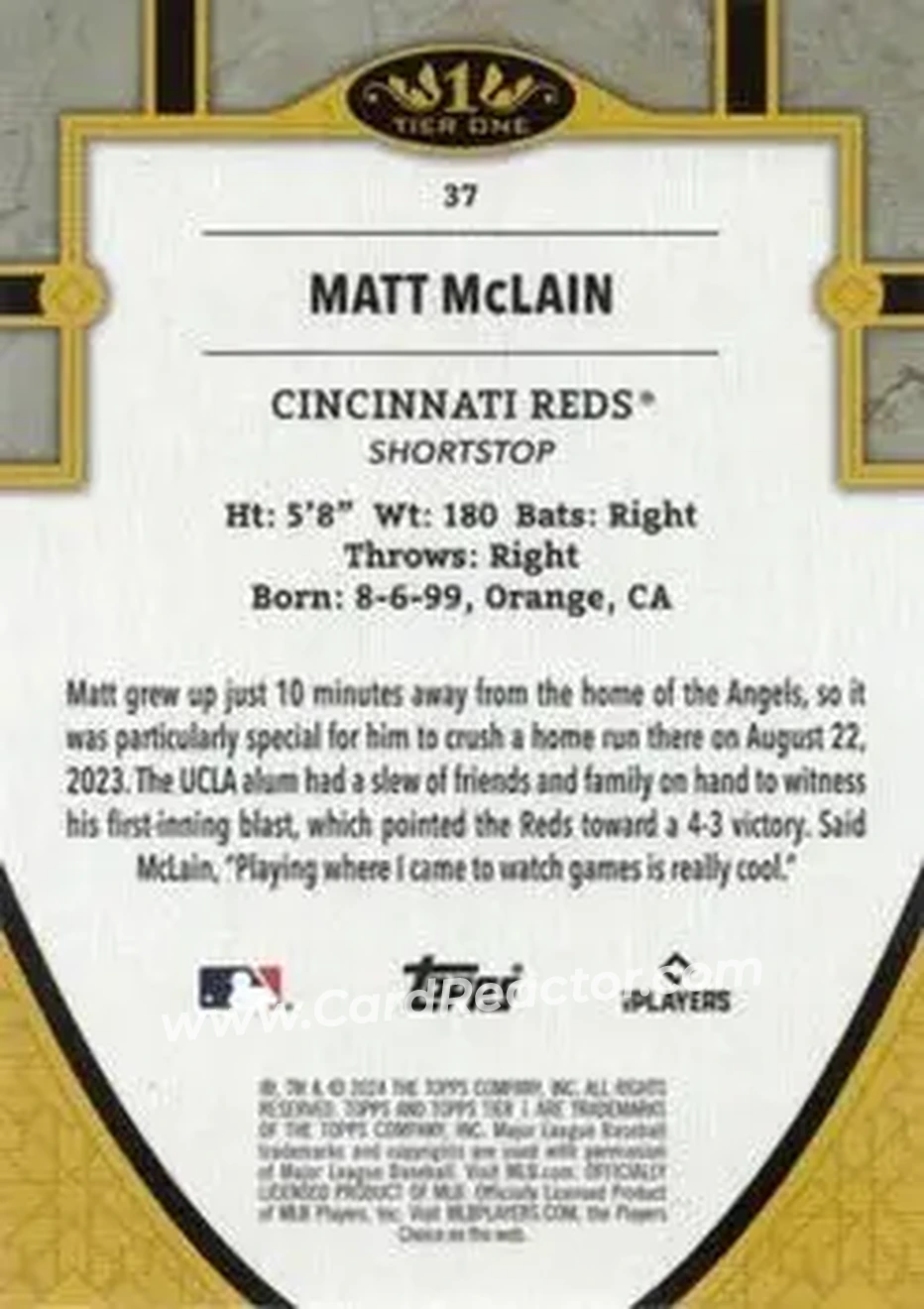 2024 Topps Tier One - Gold Foil #37 - Matt McLain - Cincinnati Reds - Back