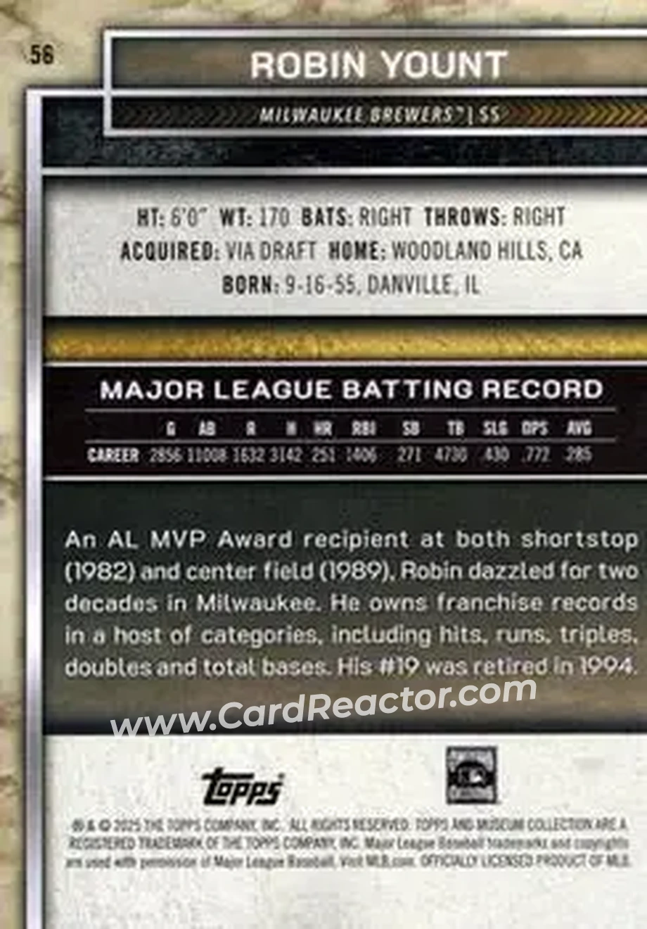 2025 Topps Museum Collection - Amethyst #56 - Robin Yount - Milwaukee Brewers - Back 2025 Topps Museum Collection - Amethyst #56 - Robin Yount - Milwaukee Brewers - Back