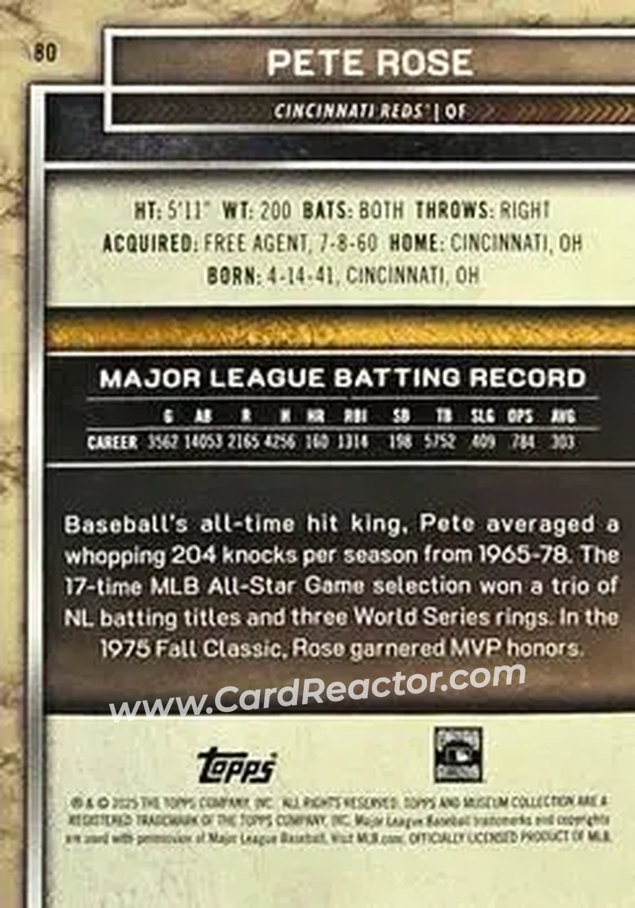 2025 Topps Museum Collection - Amethyst #80 - Pete Rose - Cincinnati Reds - Back
