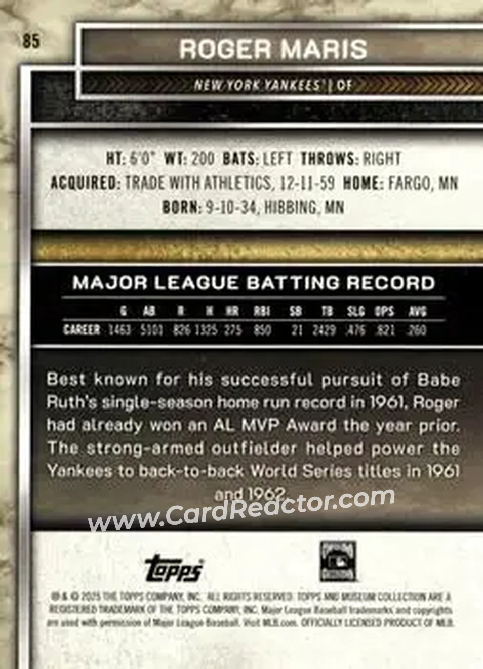 2025 Topps Museum Collection - Amethyst #85 - Roger Maris - New York Yankees - Back
