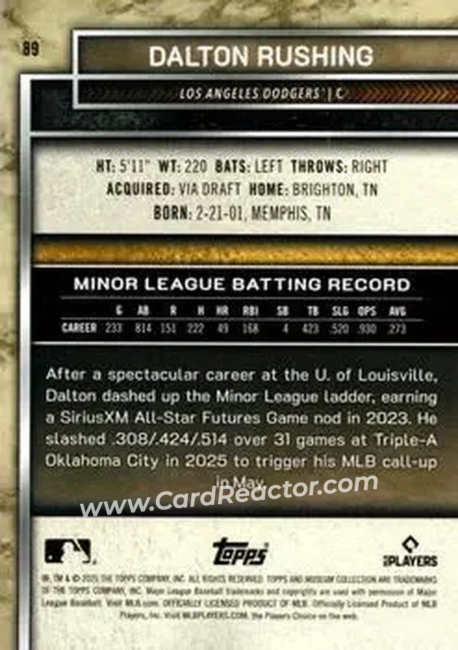 2025 Topps Museum Collection - Amethyst #89 - Dalton Rushing - Los Angeles Dodgers - Back