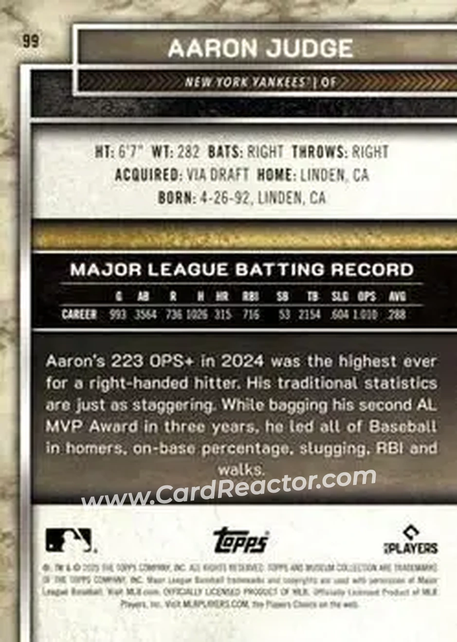 2025 Topps Museum Collection - Amethyst #99 - Aaron Judge - New York Yankees - Back