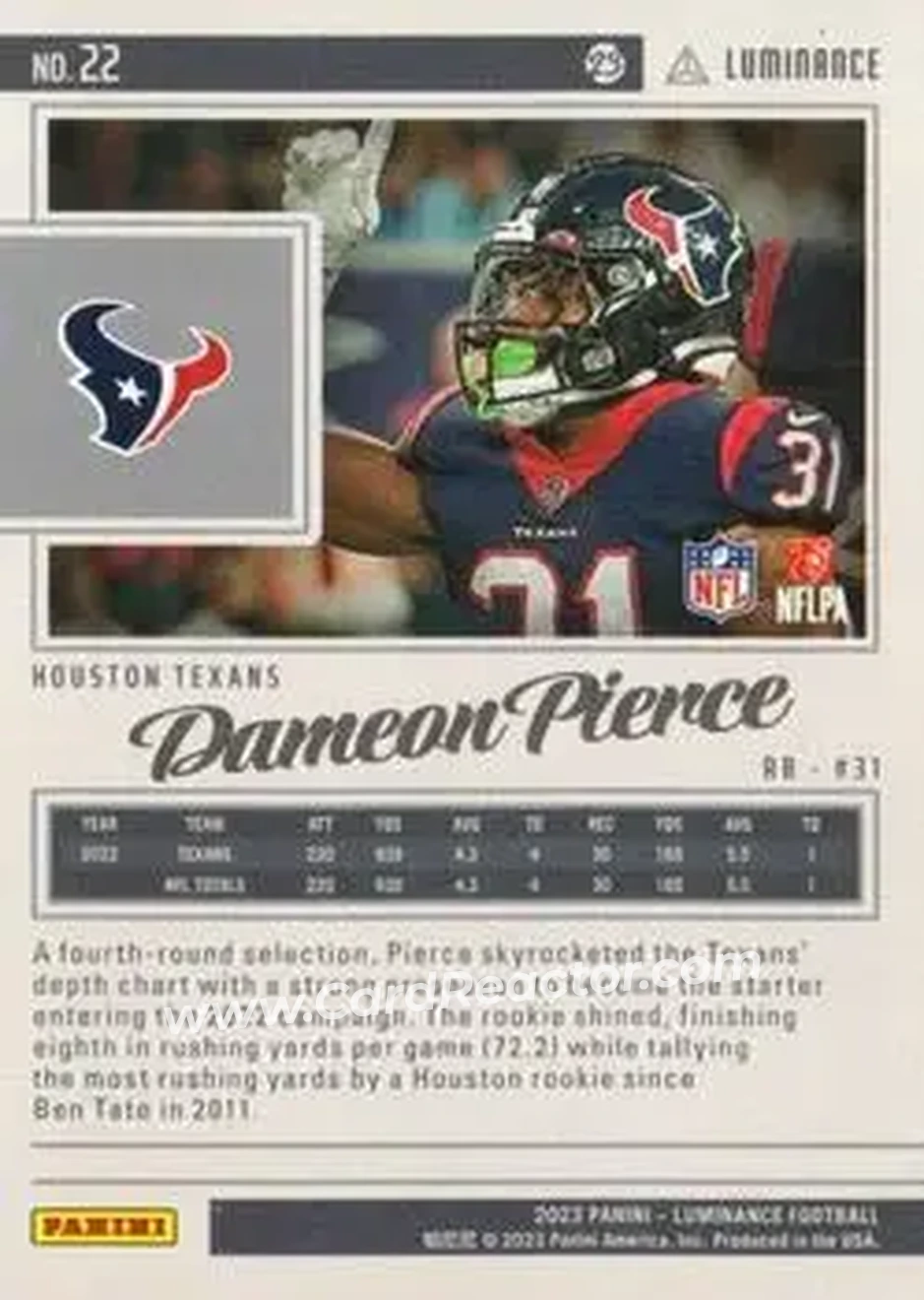 2023 Panini Luminance - Teal #22 - Dameon Pierce - Houston Texans - Back 2023 Panini Luminance - Teal #22 - Dameon Pierce - Houston Texans - Back