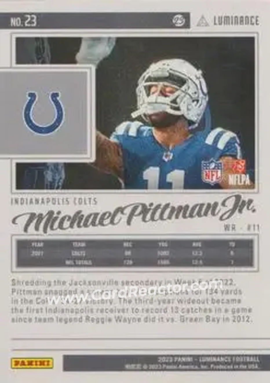 2023 Panini Luminance - Teal #23 - Michael Pittman Jr. - Indianapolis Colts - Back