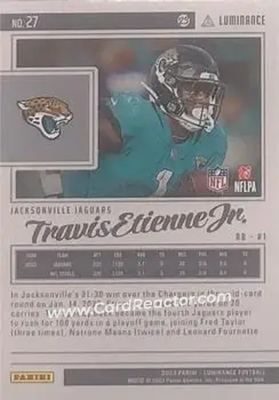 2023 Panini Luminance - Teal #27 - Travis Etienne Jr. - Jacksonville Jaguars - Back
