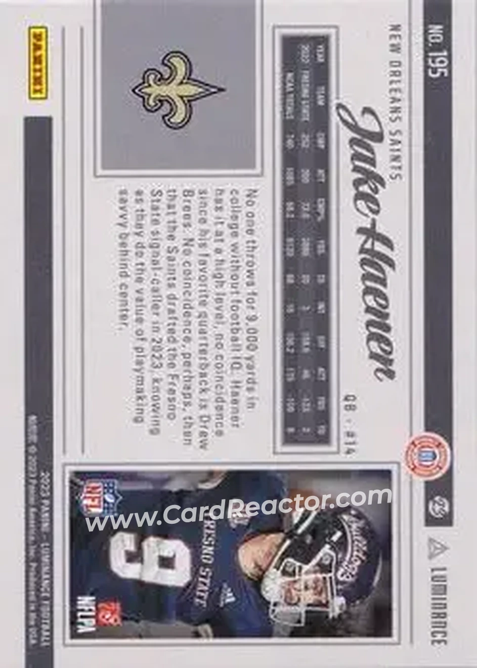 2023 Panini Luminance - Red #195 - Jake Haener - New Orleans Saints - Back 2023 Panini Luminance - Red #195 - Jake Haener - New Orleans Saints - Back